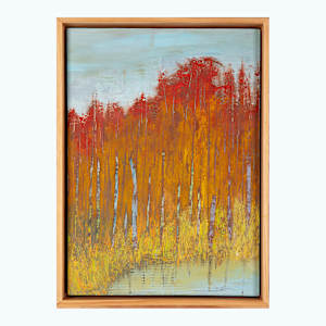 "Pond Side" by Steven McHugh  Image: Experience the captivating allure of "Pond Side," this non-representational abstract painting evokes the serene beauty of Madeline Island's lush landscapes, part of the Apostle Islands in Lake Superior, WI. Each brushstroke and texture in "Pond Side" is meticulously crafted to capture the tranquility and organic harmony associated with this enchanting locale. Discover how this unique piece seamlessly integrates natural inspiration and artistic expression, making it a perfect addition to any collection.

The artwork is a vertical painting of an autumn forest scene. Tall, slender tree trunks rise from the bottom, painted in shades of brown and gray, with the leaves rendered in vibrant hues of orange and red. The foliage is dense and fiery, filling much of the upper half of the painting with textured strokes that convey the rich, warm colors of fall. The ground is a mix of yellow and muted green tones, suggesting grass or undergrowth. The sky above is a soft, light blue, providing a calm contrast to the intense colors of the leaves. Reflections of the trees are visible in a body of water at the bottom, painted in subtle muted colors that mirror the forest scene. The overall composition evokes a serene, autumnal landscape with a strong emphasis on color and texture.

This oil and cold wax painting on wood panel measures 13.5" x 9.75 x 1.5", framed by a gallery floating frame measuring 14.25" x 10.5" x 2.5".