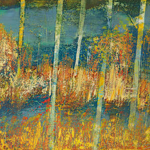 "Wetlands" by Steven McHugh  Image: Detail view of "Wetlands," depicts a serene landscape featuring a body of water surrounded by tall, slender tree trunks. The trees are primarily depicted in light shades of yellow and white, standing vertically across the panel. The ground is covered with dense foliage and vegetation rendered in warm autumnal colors such as gold, yellow, and burnt orange. The water reflects darker blues and greens, contrasting with the vibrant vegetation. The background blends softly into a mix of muted greens and blues, suggesting distant islands. The painting uses loose, expressive brushstrokes, creating a textured and impressionistic atmosphere.

Immerse yourself in the vibrant, uncharted beauty of my latest creation, "Wetlands". As an enthusiastic mixed-media non-representational abstract painter rooted in the natural splendor of Madeline Island, I draw inspiration from the lush, ever-changing landscapes of the Apostle Islands in Lake Superior, WI. This piece captures the essence of watery sanctuaries, inviting you to explore the delicate interplay of textures and colors that dance across the canvas. Discover a unique, transformative experience that brings the serenity and dynamism of nature into your space. 

Oil and cold wax painting on wood panel (9.75" x 13.5" x 1.5") with a gallery floating frame measuring 10.5" x 14.25" x 2.5".