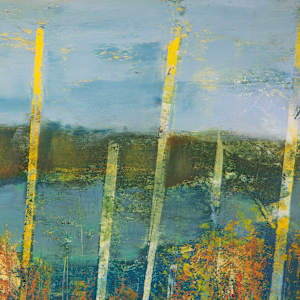 "Wetlands" by Steven McHugh  Image: Detail view of "Wetlands," depicts a serene landscape featuring a body of water surrounded by tall, slender tree trunks. The trees are primarily depicted in light shades of yellow and white, standing vertically across the panel. The ground is covered with dense foliage and vegetation rendered in warm autumnal colors such as gold, yellow, and burnt orange. The water reflects darker blues and greens, contrasting with the vibrant vegetation. The background blends softly into a mix of muted greens and blues, suggesting distant islands. The painting uses loose, expressive brushstrokes, creating a textured and impressionistic atmosphere.

Immerse yourself in the vibrant, uncharted beauty of my latest creation, "Wetlands". As an enthusiastic mixed-media non-representational abstract painter rooted in the natural splendor of Madeline Island, I draw inspiration from the lush, ever-changing landscapes of the Apostle Islands in Lake Superior, WI. This piece captures the essence of watery sanctuaries, inviting you to explore the delicate interplay of textures and colors that dance across the canvas. Discover a unique, transformative experience that brings the serenity and dynamism of nature into your space. 

Oil and cold wax painting on wood panel (9.75" x 13.5" x 1.5") with a gallery floating frame measuring 10.5" x 14.25" x 2.5".