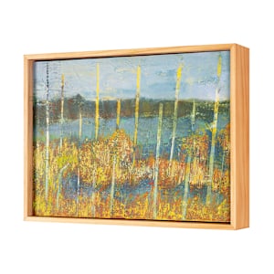 "Wetlands" by Steven McHugh  Image: Side view of "Wetlands," depicts a serene landscape featuring a body of water surrounded by tall, slender tree trunks. The trees are primarily depicted in light shades of yellow and white, standing vertically across the panel. The ground is covered with dense foliage and vegetation rendered in warm autumnal colors such as gold, yellow, and burnt orange. The water reflects darker blues and greens, contrasting with the vibrant vegetation. The background blends softly into a mix of muted greens and blues, suggesting distant islands. The painting uses loose, expressive brushstrokes, creating a textured and impressionistic atmosphere.

Immerse yourself in the vibrant, uncharted beauty of my latest creation, "Wetlands". As an enthusiastic mixed-media non-representational abstract painter rooted in the natural splendor of Madeline Island, I draw inspiration from the lush, ever-changing landscapes of the Apostle Islands in Lake Superior, WI. This piece captures the essence of watery sanctuaries, inviting you to explore the delicate interplay of textures and colors that dance across the canvas. Discover a unique, transformative experience that brings the serenity and dynamism of nature into your space. 

Oil and cold wax painting on wood panel (9.75" x 13.5" x 1.5") with a gallery floating frame measuring 10.5" x 14.25" x 2.5".