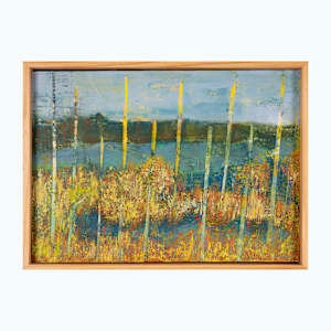 "Wetlands" by Steven McHugh  Image: "Wetlands" depicts a serene landscape featuring a body of water surrounded by tall, slender tree trunks. The trees are primarily depicted in light shades of yellow and white, standing vertically across the panel. The ground is covered with dense foliage and vegetation rendered in warm autumnal colors such as gold, yellow, and burnt orange. The water reflects darker blues and greens, contrasting with the vibrant vegetation. The background blends softly into a mix of muted greens and blues, suggesting distant islands. The painting uses loose, expressive brushstrokes, creating a textured and impressionistic atmosphere.

Immerse yourself in the vibrant, uncharted beauty of my latest creation, "Wetlands". As an enthusiastic mixed-media non-representational abstract painter rooted in the natural splendor of Madeline Island, I draw inspiration from the lush, ever-changing landscapes of the Apostle Islands in Lake Superior, WI. This piece captures the essence of watery sanctuaries, inviting you to explore the delicate interplay of textures and colors that dance across the canvas. Discover a unique, transformative experience that brings the serenity and dynamism of nature into your space. 

Oil and cold wax painting on wood panel (9.75" x 13.5" x 1.5") with a gallery floating frame measuring 10.5" x 14.25" x 2.5".