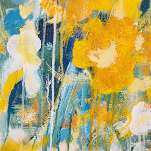 "Garden #1" by Steven McHugh  Image: Detail view of "Garden #1," a captivating creation by Steve McHugh, a mixed-media non-representational abstract artist based on the enchanting Madeline Island in Lake Superior, WI. This vibrant piece draws inspiration from the serene landscapes of the Apostle Islands, effortlessly blending colors and textures to evoke a sense of tranquil beauty. Each brushstroke and material choice in "Garden #1," reflects the unique artistry and meticulous craftsmanship.  Discover the transformative power of abstract art with this dynamic masterpiece, perfect for adding depth and elegance to any space.

The artwork is an abstract painting featuring a vibrant composition dominated by shades of yellow, white, blue, and green. The canvas is filled with loosely defined floral shapes, where yellow flowers are prominent, interspersed with white blossoms. The use of dripping paint adds a sense of fluidity and motion, while soft, overlapping brushstrokes create a layered texture. The blending of colors results in a lively yet harmonious pattern, evoking the feeling of a dynamic and blooming garden. The overall effect is both energetic and delicate, with a rich interplay of color and form.

This 36" x 36" mixed media acrylic on canvas painting is unstretched canvas is shipped with stretcher bars and includes shipping.