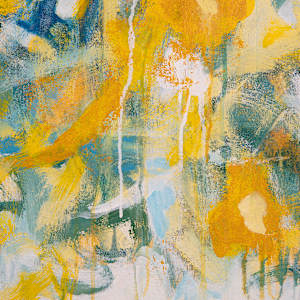 "Garden #1" by Steven McHugh  Image: Detail view of "Garden #1," a captivating creation by Steve McHugh, a mixed-media non-representational abstract artist based on the enchanting Madeline Island in Lake Superior, WI. This vibrant piece draws inspiration from the serene landscapes of the Apostle Islands, effortlessly blending colors and textures to evoke a sense of tranquil beauty. Each brushstroke and material choice in "Garden #1," reflects the unique artistry and meticulous craftsmanship.  Discover the transformative power of abstract art with this dynamic masterpiece, perfect for adding depth and elegance to any space.

The artwork is an abstract painting featuring a vibrant composition dominated by shades of yellow, white, blue, and green. The canvas is filled with loosely defined floral shapes, where yellow flowers are prominent, interspersed with white blossoms. The use of dripping paint adds a sense of fluidity and motion, while soft, overlapping brushstrokes create a layered texture. The blending of colors results in a lively yet harmonious pattern, evoking the feeling of a dynamic and blooming garden. The overall effect is both energetic and delicate, with a rich interplay of color and form.

This 36" x 36" mixed media acrylic on canvas painting is unstretched canvas is shipped with stretcher bars and includes shipping.