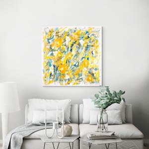 "Garden #1" by Steven McHugh  Image: Interior view of "Garden #1," a captivating creation by Steve McHugh, a mixed-media non-representational abstract artist based on the enchanting Madeline Island in Lake Superior, WI. This vibrant piece draws inspiration from the serene landscapes of the Apostle Islands, effortlessly blending colors and textures to evoke a sense of tranquil beauty. Each brushstroke and material choice in "Garden #1," reflects the unique artistry and meticulous craftsmanship.  Discover the transformative power of abstract art with this dynamic masterpiece, perfect for adding depth and elegance to any space.

The artwork is an abstract painting featuring a vibrant composition dominated by shades of yellow, white, blue, and green. The canvas is filled with loosely defined floral shapes, where yellow flowers are prominent, interspersed with white blossoms. The use of dripping paint adds a sense of fluidity and motion, while soft, overlapping brushstrokes create a layered texture. The blending of colors results in a lively yet harmonious pattern, evoking the feeling of a dynamic and blooming garden. The overall effect is both energetic and delicate, with a rich interplay of color and form.

This 36" x 36" mixed media acrylic on canvas painting is unstretched canvas is shipped with stretcher bars and includes shipping.
