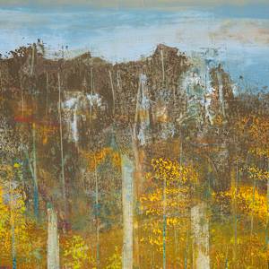 "Out My Back Door" by Steven McHugh  Image: Detail view of "Out My Back Door, this artwork is a vibrant landscape painting that showcases a densely wooded area. Tall, slender trees with pale trunks stand prominently in the foreground, their branches interspersed with spring foliage in rich shades of yellow, gold, and red (maple blossoms). The ground below is a colorful mix of purples and pinks (Lupines), and greens (new growth), suggesting a field of wildflowers and dense undergrowth. In the midground, a body of water reflecting the bright colors surrounds the trees, adding depth and contrast to the scene. The background features a darker, more muted forest line under a soft blue sky with light, wispy clouds. The overall composition evokes the serene beauty and tranquility of a forest during the fall season, rendered in a richly textured, impressionistic style.

Inspired by the natural beauty of Madeline Island, "Out My Back Door" embodies the serene and ever-changing landscapes of the Apostle Islands in Lake Superior, WI. This mixed-media  abstract piece is a testament to the artist's unique vision and skill, capturing the essence of the island's raw beauty. It offers a glimpse into a world where imagination meets reality, providing a captivating addition to any art collection. Discover the harmony of colors and textures that reflect the artist's surroundings. Experience the artistry that transforms nature's elements into a visual feast for the senses.

This oil and cold-wax painting on wood panel measures 18.75" x 18.75" x 2.5" natural wood varnished gallery floating frame.  Shipping is included with purchase in the U.S.
