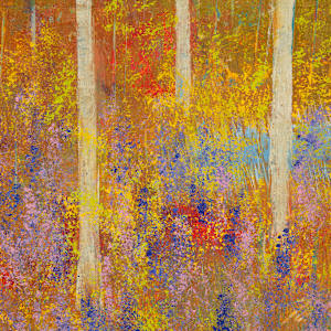 "Out My Back Door" by Steven McHugh  Image: Detail view of "Out My Back Door, this artwork is a vibrant landscape painting that showcases a densely wooded area. Tall, slender trees with pale trunks stand prominently in the foreground, their branches interspersed with spring foliage in rich shades of yellow, gold, and red (maple blossoms). The ground below is a colorful mix of purples and pinks (Lupines), and greens (new growth), suggesting a field of wildflowers and dense undergrowth. In the midground, a body of water reflecting the bright colors surrounds the trees, adding depth and contrast to the scene. The background features a darker, more muted forest line under a soft blue sky with light, wispy clouds. The overall composition evokes the serene beauty and tranquility of a forest during the fall season, rendered in a richly textured, impressionistic style.

Inspired by the natural beauty of Madeline Island, "Out My Back Door" embodies the serene and ever-changing landscapes of the Apostle Islands in Lake Superior, WI. This mixed-media  abstract piece is a testament to the artist's unique vision and skill, capturing the essence of the island's raw beauty. It offers a glimpse into a world where imagination meets reality, providing a captivating addition to any art collection. Discover the harmony of colors and textures that reflect the artist's surroundings. Experience the artistry that transforms nature's elements into a visual feast for the senses.

This oil and cold-wax painting on wood panel measures 18.75" x 18.75" x 2.5" natural wood varnished gallery floating frame.  Shipping is included with purchase in the U.S.

