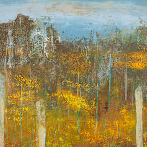 "Out My Back Door" by Steven McHugh  Image: Detail view of "Out My Back Door, this artwork is a vibrant landscape painting that showcases a densely wooded area. Tall, slender trees with pale trunks stand prominently in the foreground, their branches interspersed with spring foliage in rich shades of yellow, gold, and red (maple blossoms). The ground below is a colorful mix of purples and pinks (Lupines), and greens (new growth), suggesting a field of wildflowers and dense undergrowth. In the midground, a body of water reflecting the bright colors surrounds the trees, adding depth and contrast to the scene. The background features a darker, more muted forest line under a soft blue sky with light, wispy clouds. The overall composition evokes the serene beauty and tranquility of a forest during the fall season, rendered in a richly textured, impressionistic style.

Inspired by the natural beauty of Madeline Island, "Out My Back Door" embodies the serene and ever-changing landscapes of the Apostle Islands in Lake Superior, WI. This mixed-media  abstract piece is a testament to the artist's unique vision and skill, capturing the essence of the island's raw beauty. It offers a glimpse into a world where imagination meets reality, providing a captivating addition to any art collection. Discover the harmony of colors and textures that reflect the artist's surroundings. Experience the artistry that transforms nature's elements into a visual feast for the senses.

This oil and cold-wax painting on wood panel measures 18.75" x 18.75" x 2.5" natural wood varnished gallery floating frame.  Shipping is included with purchase in the U.S.
