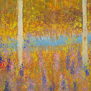 "Out My Back Door" by Steven McHugh  Image: Detail view of "Out My Back Door, this artwork is a vibrant landscape painting that showcases a densely wooded area. Tall, slender trees with pale trunks stand prominently in the foreground, their branches interspersed with spring foliage in rich shades of yellow, gold, and red (maple blossoms). The ground below is a colorful mix of purples and pinks (Lupines), and greens (new growth), suggesting a field of wildflowers and dense undergrowth. In the midground, a body of water reflecting the bright colors surrounds the trees, adding depth and contrast to the scene. The background features a darker, more muted forest line under a soft blue sky with light, wispy clouds. The overall composition evokes the serene beauty and tranquility of a forest during the fall season, rendered in a richly textured, impressionistic style.

Inspired by the natural beauty of Madeline Island, "Out My Back Door" embodies the serene and ever-changing landscapes of the Apostle Islands in Lake Superior, WI. This mixed-media  abstract piece is a testament to the artist's unique vision and skill, capturing the essence of the island's raw beauty. It offers a glimpse into a world where imagination meets reality, providing a captivating addition to any art collection. Discover the harmony of colors and textures that reflect the artist's surroundings. Experience the artistry that transforms nature's elements into a visual feast for the senses.

This oil and cold-wax painting on wood panel measures 18.75" x 18.75" x 2.5" natural wood varnished gallery floating frame.  Shipping is included with purchase in the U.S.
