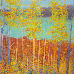 "Serene" by Steven McHugh  Image: Detail view of "Serene," effortlessly captures the tranquility of Madeline Island’s radiant landscapes through a symphony of mixed-media textures and abstract forms. This evocative piece highlights the painter’s mastery in blending mediums, creating an immersive experience reflective of the serene beauty unique to the Apostle Islands in Lake Superior, WI. Transform your space with this stunning work, where art transcends the visual, inviting a sense of calm and inspiration into your home. Ideal for those who appreciate abstract art that tells a story beyond the visible, "Serene" embodies the core values of exceptional craftsmanship and creative expression.

"Serene" is a vibrant and stylized landscape that showcases a dense forest of slender trees with golden-yellow spring foliage and foreground of lupine wild flowers. The trees extend vertically across the canvas, with their trunks rendered in a warm reddish-brown tone. The background features a tranquil sky painted in soft gradients of light turquoise and lavender, suggesting either early morning or late afternoon light. The overall color palette is dominated by warm earthy hues contrasted by the cool, serene sky. The composition is horizontal, emphasizing the expanse of the forest and creating a sense of depth and tranquility. The use of bright, spring colors highlights the beauty and richness of the natural scene.

This oil and cold-wax painting is on a wood panel and measures 11.25 x 48" x 1.5", framed in a gallery floating frame measures 12" x 48.75" x 2.5". Shipping is included in the lower 48 U.S. states.