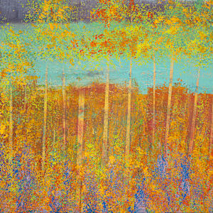 "Serene" by Steven McHugh  Image: Detail view of "Serene," effortlessly captures the tranquility of Madeline Island’s radiant landscapes through a symphony of mixed-media textures and abstract forms. This evocative piece highlights the painter’s mastery in blending mediums, creating an immersive experience reflective of the serene beauty unique to the Apostle Islands in Lake Superior, WI. Transform your space with this stunning work, where art transcends the visual, inviting a sense of calm and inspiration into your home. Ideal for those who appreciate abstract art that tells a story beyond the visible, "Serene" embodies the core values of exceptional craftsmanship and creative expression.

"Serene" is a vibrant and stylized landscape that showcases a dense forest of slender trees with golden-yellow spring foliage and foreground of lupine wild flowers. The trees extend vertically across the canvas, with their trunks rendered in a warm reddish-brown tone. The background features a tranquil sky painted in soft gradients of light turquoise and lavender, suggesting either early morning or late afternoon light. The overall color palette is dominated by warm earthy hues contrasted by the cool, serene sky. The composition is horizontal, emphasizing the expanse of the forest and creating a sense of depth and tranquility. The use of bright, spring colors highlights the beauty and richness of the natural scene.

This oil and cold-wax painting is on a wood panel and measures 11.25 x 48" x 1.5", framed in a gallery floating frame measures 12" x 48.75" x 2.5". Shipping is included in the lower 48 U.S. states.