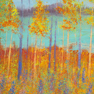 "Serene" by Steven McHugh  Image: Detail view of "Serene," effortlessly captures the tranquility of Madeline Island’s radiant landscapes through a symphony of mixed-media textures and abstract forms. This evocative piece highlights the painter’s mastery in blending mediums, creating an immersive experience reflective of the serene beauty unique to the Apostle Islands in Lake Superior, WI. Transform your space with this stunning work, where art transcends the visual, inviting a sense of calm and inspiration into your home. Ideal for those who appreciate abstract art that tells a story beyond the visible, "Serene" embodies the core values of exceptional craftsmanship and creative expression.

"Serene" is a vibrant and stylized landscape that showcases a dense forest of slender trees with golden-yellow spring foliage and foreground of lupine wild flowers. The trees extend vertically across the canvas, with their trunks rendered in a warm reddish-brown tone. The background features a tranquil sky painted in soft gradients of light turquoise and lavender, suggesting either early morning or late afternoon light. The overall color palette is dominated by warm earthy hues contrasted by the cool, serene sky. The composition is horizontal, emphasizing the expanse of the forest and creating a sense of depth and tranquility. The use of bright, spring colors highlights the beauty and richness of the natural scene.

This oil and cold-wax painting is on a wood panel and measures 11.25 x 48" x 1.5", framed in a gallery floating frame measures 12" x 48.75" x 2.5". Shipping is included in the lower 48 U.S. states.