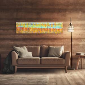 "Serene" by Steven McHugh  Image: Interior view of "Serene," effortlessly captures the tranquility of Madeline Island’s radiant landscapes through a symphony of mixed-media textures and abstract forms. This evocative piece highlights the painter’s mastery in blending mediums, creating an immersive experience reflective of the serene beauty unique to the Apostle Islands in Lake Superior, WI. Transform your space with this stunning work, where art transcends the visual, inviting a sense of calm and inspiration into your home. Ideal for those who appreciate abstract art that tells a story beyond the visible, "Serene" embodies the core values of exceptional craftsmanship and creative expression.

"Serene" is a vibrant and stylized landscape that showcases a dense forest of slender trees with golden-yellow spring foliage and foreground of lupine wild flowers. The trees extend vertically across the canvas, with their trunks rendered in a warm reddish-brown tone. The background features a tranquil sky painted in soft gradients of light turquoise and lavender, suggesting either early morning or late afternoon light. The overall color palette is dominated by warm earthy hues contrasted by the cool, serene sky. The composition is horizontal, emphasizing the expanse of the forest and creating a sense of depth and tranquility. The use of bright, spring colors highlights the beauty and richness of the natural scene.

This oil and cold-wax painting is on a wood panel and measures 11.25 x 48" x 1.5", framed in a gallery floating frame measures 12" x 48.75" x 2.5". Shipping is included in the lower 48 U.S. states.