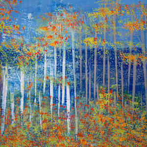 "Big Bay Road" by Steven McHugh  Image: Detail view of "Big Bay Road,"  a panoramic landscape painting featuring a dense forest composed of tall, slender trees with white trunks and autumnal foliage in vibrant shades of gold, orange, and yellow. The trees create vertical lines that contrast against a deep blue background suggesting a clear sky and distant water. The composition balances the bright, warm colors of the leaves with the cool blue tones, creating a striking visual effect. The scene conveys a serene atmosphere with an abstract, almost impressionistic style, emphasizing color and form over detailed realism.

Immerse yourself in the essence of Madeline Island with "Big Bay Road," a mixed-media abstract piece crafted by Madeline Island's resident abstract painter, Steve McHugh. This evocative artwork captures the untamed spirit of the Apostle Islands, bringing the ethereal beauty of Lake Superior to your space. Each brushstroke and texture uniquely conveys a non-representational journey through the island's rugged landscapes. Perfect for art enthusiasts seeking a vibrant, dynamic accent for their home or office, "Big Bay Road" embodies the rich, scenic splendor of Wisconsin's northern wilderness. Transform your interior with this compelling piece that resonates deeply with the natural world.

This oil and cold-wax painting is on a wood panel and measures 12 x 72" x 1.5", framed in a gallery floating frame measures 13" x 73" x 2.5". Shipping is included in the lower 48 U.S. states.