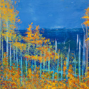 "Big Bay Road" by Steven McHugh  Image: Detail view of "Big Bay Road,"  a panoramic landscape painting featuring a dense forest composed of tall, slender trees with white trunks and autumnal foliage in vibrant shades of gold, orange, and yellow. The trees create vertical lines that contrast against a deep blue background suggesting a clear sky and distant water. The composition balances the bright, warm colors of the leaves with the cool blue tones, creating a striking visual effect. The scene conveys a serene atmosphere with an abstract, almost impressionistic style, emphasizing color and form over detailed realism.

Immerse yourself in the essence of Madeline Island with "Big Bay Road," a mixed-media abstract piece crafted by Madeline Island's resident abstract painter, Steve McHugh. This evocative artwork captures the untamed spirit of the Apostle Islands, bringing the ethereal beauty of Lake Superior to your space. Each brushstroke and texture uniquely conveys a non-representational journey through the island's rugged landscapes. Perfect for art enthusiasts seeking a vibrant, dynamic accent for their home or office, "Big Bay Road" embodies the rich, scenic splendor of Wisconsin's northern wilderness. Transform your interior with this compelling piece that resonates deeply with the natural world.

This oil and cold-wax painting is on a wood panel and measures 12 x 72" x 1.5", framed in a gallery floating frame measures 13" x 73" x 2.5". Shipping is included in the lower 48 U.S. states.