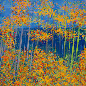 "Big Bay Road" by Steven McHugh  Image: Detail view of "Big Bay Road,"  a panoramic landscape painting featuring a dense forest composed of tall, slender trees with white trunks and autumnal foliage in vibrant shades of gold, orange, and yellow. The trees create vertical lines that contrast against a deep blue background suggesting a clear sky and distant water. The composition balances the bright, warm colors of the leaves with the cool blue tones, creating a striking visual effect. The scene conveys a serene atmosphere with an abstract, almost impressionistic style, emphasizing color and form over detailed realism.

Immerse yourself in the essence of Madeline Island with "Big Bay Road," a mixed-media abstract piece crafted by Madeline Island's resident abstract painter, Steve McHugh. This evocative artwork captures the untamed spirit of the Apostle Islands, bringing the ethereal beauty of Lake Superior to your space. Each brushstroke and texture uniquely conveys a non-representational journey through the island's rugged landscapes. Perfect for art enthusiasts seeking a vibrant, dynamic accent for their home or office, "Big Bay Road" embodies the rich, scenic splendor of Wisconsin's northern wilderness. Transform your interior with this compelling piece that resonates deeply with the natural world.

This oil and cold-wax painting is on a wood panel and measures 12 x 72" x 1.5", framed in a gallery floating frame measures 13" x 73" x 2.5". Shipping is included in the lower 48 U.S. states.