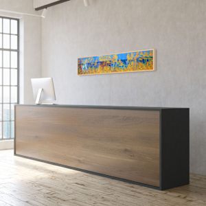 "Big Bay Road" by Steven McHugh  Image: Interior installation view of "Big Bay Road,"  a panoramic landscape painting featuring a dense forest composed of tall, slender trees with white trunks and autumnal foliage in vibrant shades of gold, orange, and yellow. The trees create vertical lines that contrast against a deep blue background suggesting a clear sky and distant water. The composition balances the bright, warm colors of the leaves with the cool blue tones, creating a striking visual effect. The scene conveys a serene atmosphere with an abstract, almost impressionistic style, emphasizing color and form over detailed realism.

Immerse yourself in the essence of Madeline Island with "Big Bay Road," a mixed-media abstract piece crafted by Madeline Island's resident abstract painter, Steve McHugh. This evocative artwork captures the untamed spirit of the Apostle Islands, bringing the ethereal beauty of Lake Superior to your space. Each brushstroke and texture uniquely conveys a non-representational journey through the island's rugged landscapes. Perfect for art enthusiasts seeking a vibrant, dynamic accent for their home or office, "Big Bay Road" embodies the rich, scenic splendor of Wisconsin's northern wilderness. Transform your interior with this compelling piece that resonates deeply with the natural world.

This oil and cold-wax painting is on a wood panel and measures 12 x 72" x 1.5", framed in a gallery floating frame measures 13" x 73" x 2.5". Shipping is included in the lower 48 U.S. states.