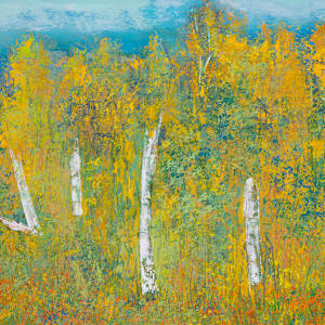 "Old Path" by Steven McHugh  Image: Detail view of "Old Path," a mixed-media oil and cold-wax painting that encapsulates the raw beauty of Madeline Island, set amidst the Apostle Islands in Lake Superior, WI.  My abstract pieces like "Old Path" invite you to explore the endless possibilities of color and texture. Embrace the emotion and energy that radiate from this unique artwork, a testament to the rugged and serene landscapes that inspire my creative spirit. Ideal for art enthusiasts who appreciate depth, movement, and the unexpected, "Old Path" is more than a painting—it's an experience. 

"Old Path" is a landscape painting depicting a dense grove of birch trees with white trunks and branches interspersed among vibrant yellow and green foliage. The birch trunks stand upright against a backdrop of lush vegetation dominated by rich yellows, with touches of green throughout. The painting conveys a sense of depth and natural serenity with a textured, almost impressionistic style that blends the colors to create the effect of dappled light filtering through the leaves. The composition extends horizontally, emphasizing the expansive nature of the forest scene.

Painting measures 10" x 29.25" x 1.5" and in a gallery floating frame measuring 10.75" x 30.25" x 2.5" and shipping is included in this price to anywhere in the lower 48 U.S. states.