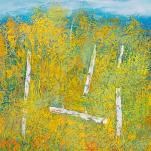 "Old Path" by Steven McHugh  Image: Detail view of "Old Path," a mixed-media oil and cold-wax painting that encapsulates the raw beauty of Madeline Island, set amidst the Apostle Islands in Lake Superior, WI.  My abstract pieces like "Old Path" invite you to explore the endless possibilities of color and texture. Embrace the emotion and energy that radiate from this unique artwork, a testament to the rugged and serene landscapes that inspire my creative spirit. Ideal for art enthusiasts who appreciate depth, movement, and the unexpected, "Old Path" is more than a painting—it's an experience. 

"Old Path" is a landscape painting depicting a dense grove of birch trees with white trunks and branches interspersed among vibrant yellow and green foliage. The birch trunks stand upright against a backdrop of lush vegetation dominated by rich yellows, with touches of green throughout. The painting conveys a sense of depth and natural serenity with a textured, almost impressionistic style that blends the colors to create the effect of dappled light filtering through the leaves. The composition extends horizontally, emphasizing the expansive nature of the forest scene.

Painting measures 10" x 29.25" x 1.5" and in a gallery floating frame measuring 10.75" x 30.25" x 2.5" and shipping is included in this price to anywhere in the lower 48 U.S. states.