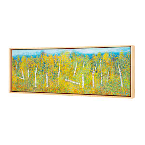"Old Path" by Steven McHugh  Image: Side view of "Old Path," a mixed-media oil and cold-wax painting that encapsulates the raw beauty of Madeline Island, set amidst the Apostle Islands in Lake Superior, WI.  My abstract pieces like "Old Path" invite you to explore the endless possibilities of color and texture. Embrace the emotion and energy that radiate from this unique artwork, a testament to the rugged and serene landscapes that inspire my creative spirit. Ideal for art enthusiasts who appreciate depth, movement, and the unexpected, "Old Path" is more than a painting—it's an experience. 

"Old Path" is a landscape painting depicting a dense grove of birch trees with white trunks and branches interspersed among vibrant yellow and green foliage. The birch trunks stand upright against a backdrop of lush vegetation dominated by rich yellows, with touches of green throughout. The painting conveys a sense of depth and natural serenity with a textured, almost impressionistic style that blends the colors to create the effect of dappled light filtering through the leaves. The composition extends horizontally, emphasizing the expansive nature of the forest scene.

Painting measures 10" x 29.25" x 1.5" and in a gallery floating frame measuring 10.75" x 30.25" x 2.5" and shipping is included in this price to anywhere in the lower 48 U.S. states.