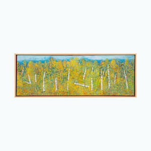 "Old Path" by Steven McHugh  Image: Discover the evocative allure of "Old Path," a mixed-media oil and cold-wax painting that encapsulates the raw beauty of Madeline Island, set amidst the Apostle Islands in Lake Superior, WI.  My abstract pieces like "Old Path" invite you to explore the endless possibilities of color and texture. Embrace the emotion and energy that radiate from this unique artwork, a testament to the rugged and serene landscapes that inspire my creative spirit. Ideal for art enthusiasts who appreciate depth, movement, and the unexpected, "Old Path" is more than a painting—it's an experience. 

"Old Path" is a landscape painting depicting a dense grove of birch trees with white trunks and branches interspersed among vibrant yellow and green foliage. The birch trunks stand upright against a backdrop of lush vegetation dominated by rich yellows, with touches of green throughout. The painting conveys a sense of depth and natural serenity with a textured, almost impressionistic style that blends the colors to create the effect of dappled light filtering through the leaves. The composition extends horizontally, emphasizing the expansive nature of the forest scene.

Painting measures 10" x 29.25" x 1.5" and in a gallery floating frame measuring 10.75" x 30.25" x 2.5" and shipping is included in this price to anywhere in the lower 48 U.S. states.