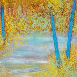 "World Within #2" by Steven McHugh  Image: Detail view of "The World Within #2,"  a vivid landscape painting that features a number of slender trees with striking blue trunks. These trees are set against a backdrop of dense, golden-yellow foliage that dominates the scene with warm hues. The ground and background consist of a mix of soft, muted blues and purples that create a misty or hazy atmosphere, suggesting depth and distance. The contrast between the bright blue tree trunks and the rich yellow foliage gives the painting an abstract and surreal quality, while still evoking the feel of a forest or woodland in autumn. The brushwork is textured and impressionistic, contributing to the vibrant and dynamic nature of the composition.

"The World Within #2", is a captivating mixed-media abstract painting by Steve McHugh. Nestled in the serene beauty of Madeline Island in Lake Superior’s Apostle Islands, this piece vividly embodies the rich, untamed spirit of his surroundings. With a masterful blend of colors and textures, it invites you to explore its depths and find your personal meaning. Perfect for those who cherish unique, original artwork, this piece will bring a touch of the island's magic into your space. 

This oil and cold-wax painting on wood panel is framed in a floating gallery frame and measures 12.75" x 16.75" x 2.5" and price includes shipping within the lower 48 U.S. States.
