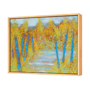 "World Within #2" by Steven McHugh  Image: Side view of "The World Within #2,"  a vivid landscape painting that features a number of slender trees with striking blue trunks. These trees are set against a backdrop of dense, golden-yellow foliage that dominates the scene with warm hues. The ground and background consist of a mix of soft, muted blues and purples that create a misty or hazy atmosphere, suggesting depth and distance. The contrast between the bright blue tree trunks and the rich yellow foliage gives the painting an abstract and surreal quality, while still evoking the feel of a forest or woodland in autumn. The brushwork is textured and impressionistic, contributing to the vibrant and dynamic nature of the composition.

"The World Within #2", is a captivating mixed-media abstract painting by Steve McHugh. Nestled in the serene beauty of Madeline Island in Lake Superior’s Apostle Islands, this piece vividly embodies the rich, untamed spirit of his surroundings. With a masterful blend of colors and textures, it invites you to explore its depths and find your personal meaning. Perfect for those who cherish unique, original artwork, this piece will bring a touch of the island's magic into your space. 

This oil and cold-wax painting on wood panel is framed in a floating gallery frame and measures 12.75" x 16.75" x 2.5" and price includes shipping within the lower 48 U.S. States.