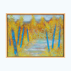 "World Within #2" by Steven McHugh  Image: "The World Within #2" is a vivid landscape painting that features a number of slender trees with striking blue trunks. These trees are set against a backdrop of dense, golden-yellow foliage that dominates the scene with warm hues. The ground and background consist of a mix of soft, muted blues and purples that create a misty or hazy atmosphere, suggesting depth and distance. The contrast between the bright blue tree trunks and the rich yellow foliage gives the painting an abstract and surreal quality, while still evoking the feel of a forest or woodland in autumn. The brushwork is textured and impressionistic, contributing to the vibrant and dynamic nature of the composition.

"The World Within #2", is a captivating mixed-media abstract painting by Steve McHugh. Nestled in the serene beauty of Madeline Island in Lake Superior’s Apostle Islands, this piece vividly embodies the rich, untamed spirit of his surroundings. With a masterful blend of colors and textures, it invites you to explore its depths and find your personal meaning. Perfect for those who cherish unique, original artwork, this piece will bring a touch of the island's magic into your space. 

This oil and cold-wax painting on wood panel is framed in a floating gallery frame and measures 12.75" x 16.75" x 2.5" and price includes shipping within the lower 48 U.S. States.