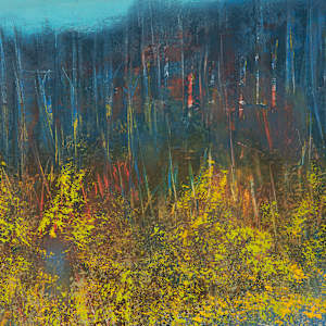 "Space Between" by Steven McHugh  Image: Detail view of "Space Between,"  a vibrant abstract landscape painting, oil and cold-wax painting on wood panel, framed in gallery floating frame measuring 16.25" x12.25" x 2.5".  It features a foreground dominated by dense, bright yellow foliage, suggesting autumnal trees or shrubs. Just above the foliage, a pond extends horizontally, capturing a calm blue tone. Beyond the water, a dark, forested hill rises, painted with deep blues, greens, and touches of earthy reds. The sky above the hill is broad and expansive, rendered in soft, layered shades of blue blending with pale peach and beige clouds. The overall atmosphere of the painting evokes a serene, late-afternoon or early evening scene in nature.

Immerse yourself in the captivating allure of "Space Between," a striking testament to the beauty and mystique of Madeline Island. As a mixed-media  abstract painter, I  weave the enchanting spirit of the Apostle Islands into each painting. My vibrant, layered compositions invite viewers on an introspective journey, encouraging you to find their own meaning within the art. Let the serene energy of Lake Superior flow into your space, adding an element of tranquility and wonder. 