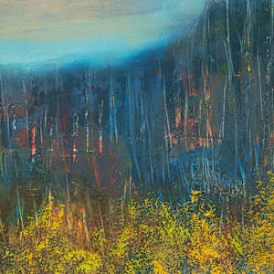 "Space Between" by Steven McHugh  Image: Detail view of "Space Between,"  a vibrant abstract landscape painting, oil and cold-wax painting on wood panel, framed in gallery floating frame measuring 16.25" x12.25" x 2.5".  It features a foreground dominated by dense, bright yellow foliage, suggesting autumnal trees or shrubs. Just above the foliage, a pond extends horizontally, capturing a calm blue tone. Beyond the water, a dark, forested hill rises, painted with deep blues, greens, and touches of earthy reds. The sky above the hill is broad and expansive, rendered in soft, layered shades of blue blending with pale peach and beige clouds. The overall atmosphere of the painting evokes a serene, late-afternoon or early evening scene in nature.

Immerse yourself in the captivating allure of "Space Between," a striking testament to the beauty and mystique of Madeline Island. As a mixed-media  abstract painter, I  weave the enchanting spirit of the Apostle Islands into each painting. My vibrant, layered compositions invite viewers on an introspective journey, encouraging you to find their own meaning within the art. Let the serene energy of Lake Superior flow into your space, adding an element of tranquility and wonder. 