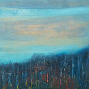 "Space Between" by Steven McHugh  Image: Detail view of "Space Between,"  a vibrant abstract landscape painting, oil and cold-wax painting on wood panel, framed in gallery floating frame measuring 16.25" x12.25" x 2.5".  It features a foreground dominated by dense, bright yellow foliage, suggesting autumnal trees or shrubs. Just above the foliage, a pond extends horizontally, capturing a calm blue tone. Beyond the water, a dark, forested hill rises, painted with deep blues, greens, and touches of earthy reds. The sky above the hill is broad and expansive, rendered in soft, layered shades of blue blending with pale peach and beige clouds. The overall atmosphere of the painting evokes a serene, late-afternoon or early evening scene in nature.

Immerse yourself in the captivating allure of "Space Between," a striking testament to the beauty and mystique of Madeline Island. As a mixed-media  abstract painter, I  weave the enchanting spirit of the Apostle Islands into each painting. My vibrant, layered compositions invite viewers on an introspective journey, encouraging you to find their own meaning within the art. Let the serene energy of Lake Superior flow into your space, adding an element of tranquility and wonder. 