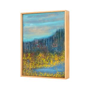 "Space Between" by Steven McHugh  Image: Side view of "Space Between,"  a vibrant abstract landscape painting, oil and cold-wax painting on wood panel, framed in gallery floating frame measuring 16.25" x12.25" x 2.5".  It features a foreground dominated by dense, bright yellow foliage, suggesting autumnal trees or shrubs. Just above the foliage, a pond extends horizontally, capturing a calm blue tone. Beyond the water, a dark, forested hill rises, painted with deep blues, greens, and touches of earthy reds. The sky above the hill is broad and expansive, rendered in soft, layered shades of blue blending with pale peach and beige clouds. The overall atmosphere of the painting evokes a serene, late-afternoon or early evening scene in nature.

Immerse yourself in the captivating allure of "Space Between," a striking testament to the beauty and mystique of Madeline Island. As a mixed-media  abstract painter, I  weave the enchanting spirit of the Apostle Islands into each painting. My vibrant, layered compositions invite viewers on an introspective journey, encouraging you to find their own meaning within the art. Let the serene energy of Lake Superior flow into your space, adding an element of tranquility and wonder. 