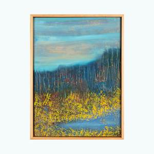 "Space Between" by Steven McHugh  Image: "Space Between"  is a vibrant abstract landscape painting, oil and cold-wax painting on wood panel, framed in gallery floating frame measuring 16.25" x12.25" x 2.5".  It features a foreground dominated by dense, bright yellow foliage, suggesting autumnal trees or shrubs. Just above the foliage, a pond extends horizontally, capturing a calm blue tone. Beyond the water, a dark, forested hill rises, painted with deep blues, greens, and touches of earthy reds. The sky above the hill is broad and expansive, rendered in soft, layered shades of blue blending with pale peach and beige clouds. The overall atmosphere of the painting evokes a serene, late-afternoon or early evening scene in nature.

Immerse yourself in the captivating allure of "Space Between," a striking testament to the beauty and mystique of Madeline Island. As a mixed-media  abstract painter, I  weave the enchanting spirit of the Apostle Islands into each painting. My vibrant, layered compositions invite viewers on an introspective journey, encouraging you to find their own meaning within the art. Let the serene energy of Lake Superior flow into your space, adding an element of tranquility and wonder. 