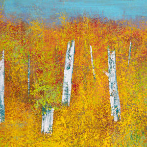 "Out There" by Steven McHugh  Image: Explore the vibrant and captivating world of mixed-media  abstract art, crafted with passion on Madeline Island in the stunning Apostle Islands of Lake Superior, WI. Each piece is a unique journey of color, texture, and form, embodying the raw beauty and untamed spirit of the island. "Let my creations infuse your space with energy and emotion, inviting you to find your own meaning in the abstract."  Discover out there the essence of creativity and elevate your environment with art that speaks beyond words.

Detail  view of "Out There," a vibrant autumn landscape with a dense forest of birch trees characterized by their distinctive white bark. The foliage consists of warm shades of yellow, orange, and red, creating a rich tapestry of fall colors. In the middle of the composition, a calm, reflective blue lake contrasts with the earthy tones surrounding it. The sky above is a soft blue with wispy hints of clouds, adding a tranquil atmosphere to the scene. The brushwork and texture convey a sense of depth and the natural beauty of the season, capturing the essence of a serene autumn day. 

This oil and cold-wax painting on wood panel is framed in a gallery floating frame and measures 13" x 13" x 2.5".  Shipping is included in the U.S.