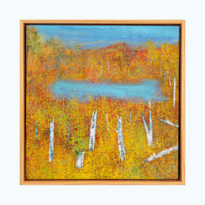 "Out There" by Steven McHugh  Image: Explore the vibrant and captivating world of mixed-media  abstract art, crafted with passion on Madeline Island in the stunning Apostle Islands of Lake Superior, WI. Each piece is a unique journey of color, texture, and form, embodying the raw beauty and untamed spirit of the island. "Let my creations infuse your space with energy and emotion, inviting you to find your own meaning in the abstract."  Discover out there the essence of creativity and elevate your environment with art that speaks beyond words.

"Out There"  is a vibrant autumn landscape with a dense forest of birch trees characterized by their distinctive white bark. The foliage consists of warm shades of yellow, orange, and red, creating a rich tapestry of fall colors. In the middle of the composition, a calm, reflective blue lake contrasts with the earthy tones surrounding it. The sky above is a soft blue with wispy hints of clouds, adding a tranquil atmosphere to the scene. The brushwork and texture convey a sense of depth and the natural beauty of the season, capturing the essence of a serene autumn day. 

This oil and cold-wax painting on wood panel is framed in a gallery floating frame and measures 13" x 13" x 2.5".  Shipping is included in the U.S.