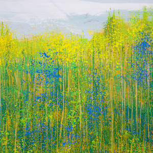 "Rocky Approach" by Steven McHugh  Image: Discover "Rocky Approach," an evocative mixed-media  abstract painting by Steve McHugh, inspired by the rugged landscapes of Madeline Island. This thought-provoking piece mirrors the untamed beauty of the Apostle Islands in Lake Superior, WI, capturing the intricate textures and colors found in nature. Perfect for art enthusiasts who appreciate the raw, transformative power of abstract art, "Rocky Approach" offers a mesmerizing focal point for any space. Elevate your collection with a touch of Madeline Island's wild essence, thoughtfully interpreted through Steve's unique artistic vision and immerse yourself in the enchanting world of mixed-media artistry.

Detail view of "Rocky Approach," a vibrant landscape painting dominated by shades of yellow and green with hints of blue, depicting a dense forest scene. Tall, slender trees stretch upwards, their foliage rendered in bright yellow and green tones, suggesting lush, sunlit leaves. The use of vertical lines emphasizes the height and density of the trees. In the foreground, a body of water is represented with deep blue hues and is bordered by stones or cracked earth, outlined with fine lines. The background transitions into a lighter, misty sky, adding depth and contrast to the vivid forest below. The overall composition creates a sense of tranquility and natural beauty.

This oil and cold-wax painting is on a 12" x 12" wood panel and is framed with a floating gallery frame measuring 12.75" x 12.75" x 2.5".
