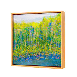 "Rocky Approach" by Steven McHugh  Image: Discover "Rocky Approach," an evocative mixed-media  abstract painting by Steve McHugh, inspired by the rugged landscapes of Madeline Island. This thought-provoking piece mirrors the untamed beauty of the Apostle Islands in Lake Superior, WI, capturing the intricate textures and colors found in nature. Perfect for art enthusiasts who appreciate the raw, transformative power of abstract art, "Rocky Approach" offers a mesmerizing focal point for any space. Elevate your collection with a touch of Madeline Island's wild essence, thoughtfully interpreted through Steve's unique artistic vision and immerse yourself in the enchanting world of mixed-media artistry.

Side view of "Rocky Approach," a vibrant landscape painting dominated by shades of yellow and green with hints of blue, depicting a dense forest scene. Tall, slender trees stretch upwards, their foliage rendered in bright yellow and green tones, suggesting lush, sunlit leaves. The use of vertical lines emphasizes the height and density of the trees. In the foreground, a body of water is represented with deep blue hues and is bordered by stones or cracked earth, outlined with fine lines. The background transitions into a lighter, misty sky, adding depth and contrast to the vivid forest below. The overall composition creates a sense of tranquility and natural beauty.

This oil and cold-wax painting is on a 12" x 12" wood panel and is framed with a floating gallery frame measuring 12.75" x 12.75" x 2.5".
