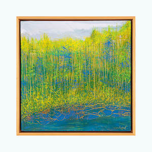 "Rocky Approach" by Steven McHugh  Image: Discover "Rocky Approach," an evocative mixed-media  abstract painting by Steve McHugh, inspired by the rugged landscapes of Madeline Island. This thought-provoking piece mirrors the untamed beauty of the Apostle Islands in Lake Superior, WI, capturing the intricate textures and colors found in nature. Perfect for art enthusiasts who appreciate the raw, transformative power of abstract art, "Rocky Approach" offers a mesmerizing focal point for any space. Elevate your collection with a touch of Madeline Island's wild essence, thoughtfully interpreted through Steve's unique artistic vision and immerse yourself in the enchanting world of mixed-media artistry.

"Rocky Approach"  is a vibrant landscape painting dominated by shades of yellow and green with hints of blue, depicting a dense forest scene. Tall, slender trees stretch upwards, their foliage rendered in bright yellow and green tones, suggesting lush, sunlit leaves. The use of vertical lines emphasizes the height and density of the trees. In the foreground, a body of water is represented with deep blue hues and is bordered by stones or cracked earth, outlined with fine lines. The background transitions into a lighter, misty sky, adding depth and contrast to the vivid forest below. The overall composition creates a sense of tranquility and natural beauty.

This oil and cold-wax painting is on a 12" x 12" wood panel and is framed with a floating gallery frame measuring 12.75" x 12.75" x 2.5".