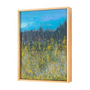 "Border" by Steven McHugh  Image: Side view of "Border," a vibrant landscape painting featuring a dense field of yellow wildflowers in the foreground, blending with green and blue hues that suggest lush vegetation. Behind the field, a dark, shadowy treeline stretches horizontally across the canvas, creating a strong contrast against the bright blue sky above. The sky is painted with smooth brushstrokes, introducing a sense of calmness. The overall composition balances bright, vivid colors with darker, muted tones, evoking a natural, serene outdoor scene. The texture and layering of paint give depth and complexity to the natural elements depicted.

Explore the vivid and dynamic essence of "Border" through the unique lens of my mixed-media,  abstract paintings. Nestled in the raw beauty of Madeline Island in the Apostle Islands, Lake Superior, WI, my work captures the intangible emotions and memories of this enchanting locale. Each piece invites you to transcend traditional boundaries and immerse yourself in a world where colors, textures, and forms converge to evoke profound responses. Experience art that goes beyond mere representation and connects deeply with your inner landscape.

This small oil and cold-wax painting is on a wood panel measuring 13.5" x 9.5" x 1.5" and is framed in a gallery floating frame measuring 14.25" x 10.25" x 2.5". Shipping is included in the U.S.