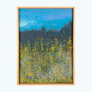 "Border" by Steven McHugh  Image: "Border" is a vibrant landscape painting featuring a dense field of yellow wildflowers in the foreground, blending with green and blue hues that suggest lush vegetation. Behind the field, a dark, shadowy treeline stretches horizontally across the canvas, creating a strong contrast against the bright blue sky above. The sky is painted with smooth brushstrokes, introducing a sense of calmness. The overall composition balances bright, vivid colors with darker, muted tones, evoking a natural, serene outdoor scene. The texture and layering of paint give depth and complexity to the natural elements depicted.

Explore the vivid and dynamic essence of "Border" through the unique lens of my mixed-media,  abstract paintings. Nestled in the raw beauty of Madeline Island in the Apostle Islands, Lake Superior, WI, my work captures the intangible emotions and memories of this enchanting locale. Each piece invites you to transcend traditional boundaries and immerse yourself in a world where colors, textures, and forms converge to evoke profound responses. Experience art that goes beyond mere representation and connects deeply with your inner landscape.

This small oil and cold-wax painting is on a wood panel measuring 13.5" x 9.5" x 1.5" and is framed in a gallery floating frame measuring 14.25" x 10.25" x 2.5". Shipping is included in the U.S.