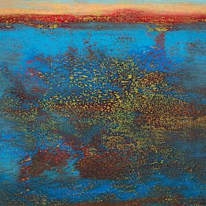 "Be Present" by Steven McHugh  Image: Detail view of "Be Present," an abstract landscape painting dominated by rich blue tones in the lower two-thirds, representing an view from an Island, a expansive body of water, textured with patches of dark brown, gold, and reddish hues. The upper third features a vivid sky, painted in bright turquoise with streaks of soft peach and orange clouds, suggesting a sunrise or sunset. A horizontal band of intense red and orange (the mainland) separates the sky from the blue area, creating a striking contrast and depth. The composition emphasizes color contrast and texture, evoking a serene yet dynamic natural scene. This oil and cold-wax painting on wood panel is 9.75" x 9.75" x 1.5" and is framed in a gallery floating frame measuring 10.5" x 10.5" x 2.5".

Explore the evocative world of mixed-media abstract art of Steve McHugh. Located on the serene Madeline Island within the Apostle Islands in Lake Superior, WI, Steve’s creations encapsulate fleeting moments and emotions through layered textures and vibrant colors. Each piece is a unique, immersive experience, drawing inspiration from the natural beauty that surrounds the island. "Be Present" offers a fresh, contemplative perspective and invites you to be present in the moment.