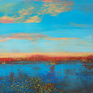 "Be Present" by Steven McHugh  Image: Detail view of "Be Present," an abstract landscape painting dominated by rich blue tones in the lower two-thirds, representing an view from an Island, a expansive body of water, textured with patches of dark brown, gold, and reddish hues. The upper third features a vivid sky, painted in bright turquoise with streaks of soft peach and orange clouds, suggesting a sunrise or sunset. A horizontal band of intense red and orange (the mainland) separates the sky from the blue area, creating a striking contrast and depth. The composition emphasizes color contrast and texture, evoking a serene yet dynamic natural scene. This oil and cold-wax painting on wood panel is 9.75" x 9.75" x 1.5" and is framed in a gallery floating frame measuring 10.5" x 10.5" x 2.5".

Explore the evocative world of mixed-media abstract art of Steve McHugh. Located on the serene Madeline Island within the Apostle Islands in Lake Superior, WI, Steve’s creations encapsulate fleeting moments and emotions through layered textures and vibrant colors. Each piece is a unique, immersive experience, drawing inspiration from the natural beauty that surrounds the island. "Be Present" offers a fresh, contemplative perspective and invites you to be present in the moment.