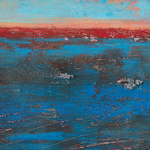 "Over There" by Steven McHugh  Image: Detail view of "Over There,"  a abstract landscape painting capturing a vibrant sky and body of water. The upper portion features a bright blue sky with textured clouds in soft peach and coral hues. Below the horizon, a bold reddish-orange strip separates the sky from the water. The lower half depicts deep blue water with darker patches and subtle white reflections, rendered with rough, expressive brushstrokes, creating a sense of movement and depth. The overall color palette conveys a dramatic and dynamic natural scene.

"Over There" represents the view of any Islander, you're constantly looking to the horizon to see what's coming, weather or ferry.  This oil and cold-wax painting on wood panel measures 9.75" X 9.75" X 1.5" and is in a gallery floating frame measuring 10.5" x 10.5" x 2.5".  Shipping is included in the U.S.

Discover the captivating world of abstract art with our mixed-media creations from Steve McHugh. Nestled on the picturesque Madeline Island in the Apostle Islands of Lake Superior, WI, each piece is a unique blend of texture, color, and emotion, offering a transformative visual experience. My commitment to artistic excellence and innovative techniques ensures that every artwork adds a distinctive touch to your space. Find the perfect piece to enrich your environment with the rich, layered beauty of abstract expression. Dive into the elegance and sophistication that only original mixed-media art can provide.