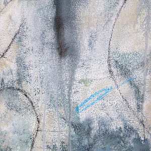 "Beach Dreams #2" by Steven McHugh  Image: Detail view of "Beach Dream #2," which captures the serene essence of Madeline Island's coastal beauty through mixed-media techniques, creating an abstract representation that invites personal interpretation. This non-representational piece embodies the tranquility and mystery of Lake Superior's shores. Perfect for those who value art with emotional depth and a touch of local inspiration, Beach Dream #2 is an evocative addition to any space.

This mixed media painting is an abstract composition with a soft, muted color palette dominated by shades of gray, white, beige, and hints of blue. It features loosely sketched, oval and circular shapes (beach rocks) intertwined with thin, angular lines (sand castles) that create a sense of movement and layering. The background consists of textured, washed-out areas blending seamlessly, with some vertical streaks contributing to a weathered, atmospheric effect. The piece balances organic forms with geometric accents, resulting in an ethereal and contemplative visual experience. This painting is a combination of oil, grease pencil, graphite and pastel on unstrecthed   canvas measuring 24" x 24".

Painting is on unstrecthed canvas and is shipped rolled in a cardboard tube and includes strecther bars. Shipping is included. 