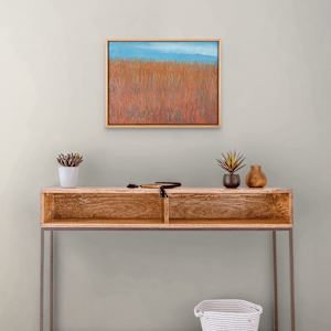 "Breathe" by Steven McHugh  Image: Interior installation view of "Breathe,"  a mixed media painting on wood panel and measures 12.75" X 16.75" and is framed in a gallery floating frame for a finished look.  Shipping is included in this sale in the U.S.

Growing up on the south side of Appleton I was just minutes away from farmlands and forests.  I used to lay in the tall grasses and dream of far away places, this blend the natural tranquility is something I instill into each piece, offering you a visual escape from the ordinary. Immerse yourself in the vibrant layers and textures that evoke a sense of freedom and calm. Ideal for art enthusiasts and collectors seeking unique, emotionally resonant pieces. Experience the magic of non-representational art in your space today.

The abstract mixed-media painting is depicting a field of tall grasses rendered in a rich palette of warm orange and red tones, with subtle variations in color suggesting texture and depth. The grasses are densely packed, extending vertically across the canvas, with hints of blue and green interspersed among them that add a delicate contrast. Above the grasses, there is a clear blue sky that transitions in shade, providing a calming backdrop to the vibrant field below. The composition emphasizes the natural beauty and complexity of the grasses, with an impressionistic approach that captures the essence of the scene rather than fine detail. The painting is framed in a simple gallery floating light wooden frame that complements the natural theme.