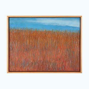 "Breathe" by Steven McHugh  Image: "Breathe" is a mixed media painting on wood panel and measures 12.75" X 16.75" and is framed in a gallery floating frame for a finished look.  Shipping is included in this sale in the U.S.

Growing up on the south side of Appleton I was just minutes away from farmlands and forests.  I used to lay in the tall grasses and dream of far away places, this blend the natural tranquility is something I instill into each piece, offering you a visual escape from the ordinary. Immerse yourself in the vibrant layers and textures that evoke a sense of freedom and calm. Ideal for art enthusiasts and collectors seeking unique, emotionally resonant pieces. Experience the magic of non-representational art in your space today.

The abstract mixed-media painting is depicting a field of tall grasses rendered in a rich palette of warm orange and red tones, with subtle variations in color suggesting texture and depth. The grasses are densely packed, extending vertically across the canvas, with hints of blue and green interspersed among them that add a delicate contrast. Above the grasses, there is a clear blue sky that transitions in shade, providing a calming backdrop to the vibrant field below. The composition emphasizes the natural beauty and complexity of the grasses, with an impressionistic approach that captures the essence of the scene rather than fine detail. The painting is framed in a simple gallery floating light wooden frame that complements the natural theme.