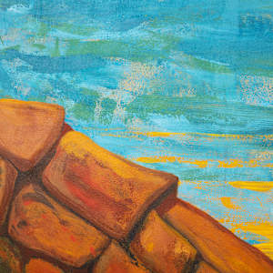"On The Rocks" by Steven McHugh  Image: Detail view of  "On The Rocks," a captivating mixed-media representational abstract painting by Madeline Island artist, Steve McHugh. This unique piece evokes the rugged elegance of Lake Superior, bringing the power of nature into your home. Visit stevemchugh.art to explore how Steve's professional dedication to the artistic interpretation of his stunning surroundings translates into an unforgettable visual experience. Elevate your space with a touch of the island's mystique and strength.

"On The Rocks" is a representational abstract portraying a coastal scene with a large, textured rock formation in the foreground on the left side, rendered in warm brown and orange tones. The middle section of the painting features a vast expanse of water, depicted with layered shades of blue and green, giving a sense of depth and gentle movement. The horizon line is defined by a band of muted green, suggesting distant land or hills. Above the horizon, the sky is painted in pale blues and off-whites, with soft, wispy clouds scattered throughout. The overall composition conveys a tranquil seaside atmosphere through a harmonious blend of earthy and cool colors.

This mixed media acrylic painting is on raw canvas and measures 60" x 48" and is unstretched, shipped in a tube with stretcher bars.