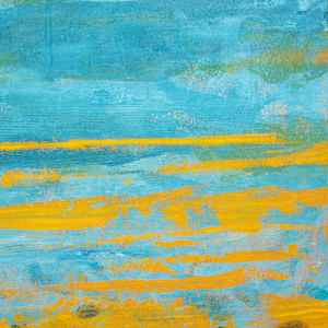 "On The Rocks" by Steven McHugh  Image: Detail image of"On The Rocks," a representational abstract portraying a coastal scene with a large, textured rock formation in the foreground on the left side, rendered in warm brown and orange tones. The middle section of the painting features a vast expanse of water, depicted with layered shades of blue and green, giving a sense of depth and gentle movement. The horizon line is defined by a band of muted green, suggesting distant land or hills. Above the horizon, the sky is painted in pale blues and off-whites, with soft, wispy clouds scattered throughout. The overall composition conveys a tranquil seaside atmosphere through a harmonious blend of earthy and cool colors.