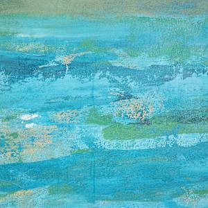 "On The Rocks" by Steven McHugh  Image: Detail view of  "On The Rocks," a captivating mixed-media representational abstract painting by Madeline Island artist, Steve McHugh. This unique piece evokes the rugged elegance of Lake Superior, bringing the power of nature into your home. Visit stevemchugh.art to explore how Steve's professional dedication to the artistic interpretation of his stunning surroundings translates into an unforgettable visual experience. Elevate your space with a touch of the island's mystique and strength.

"On The Rocks" is a representational abstract portraying a coastal scene with a large, textured rock formation in the foreground on the left side, rendered in warm brown and orange tones. The middle section of the painting features a vast expanse of water, depicted with layered shades of blue and green, giving a sense of depth and gentle movement. The horizon line is defined by a band of muted green, suggesting distant land or hills. Above the horizon, the sky is painted in pale blues and off-whites, with soft, wispy clouds scattered throughout. The overall composition conveys a tranquil seaside atmosphere through a harmonious blend of earthy and cool colors.

This mixed media acrylic painting is on raw canvas and measures 60" x 48" and is unstretched, shipped in a tube with stretcher bars.