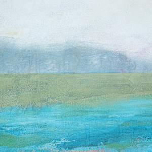 "On The Rocks" by Steven McHugh  Image: Detail view of  "On The Rocks," a captivating mixed-media representational abstract painting by Madeline Island artist, Steve McHugh. This unique piece evokes the rugged elegance of Lake Superior, bringing the power of nature into your home. Visit stevemchugh.art to explore how Steve's professional dedication to the artistic interpretation of his stunning surroundings translates into an unforgettable visual experience. Elevate your space with a touch of the island's mystique and strength.

"On The Rocks" is a representational abstract portraying a coastal scene with a large, textured rock formation in the foreground on the left side, rendered in warm brown and orange tones. The middle section of the painting features a vast expanse of water, depicted with layered shades of blue and green, giving a sense of depth and gentle movement. The horizon line is defined by a band of muted green, suggesting distant land or hills. Above the horizon, the sky is painted in pale blues and off-whites, with soft, wispy clouds scattered throughout. The overall composition conveys a tranquil seaside atmosphere through a harmonious blend of earthy and cool colors.

This mixed media acrylic painting is on raw canvas and measures 60" x 48" and is unstretched, shipped in a tube with stretcher bars.