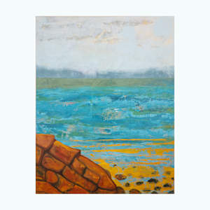 "On The Rocks" by Steven McHugh  Image: Detail view of  "On The Rocks," a captivating mixed-media representational abstract painting by Madeline Island artist, Steve McHugh. This unique piece evokes the rugged elegance of Lake Superior, bringing the power of nature into your home. Visit stevemchugh.art to explore how Steve's professional dedication to the artistic interpretation of his stunning surroundings translates into an unforgettable visual experience. Elevate your space with a touch of the island's mystique and strength.

"On The Rocks" is a representational abstract portraying a coastal scene with a large, textured rock formation in the foreground on the left side, rendered in warm brown and orange tones. The middle section of the painting features a vast expanse of water, depicted with layered shades of blue and green, giving a sense of depth and gentle movement. The horizon line is defined by a band of muted green, suggesting distant land or hills. Above the horizon, the sky is painted in pale blues and off-whites, with soft, wispy clouds scattered throughout. The overall composition conveys a tranquil seaside atmosphere through a harmonious blend of earthy and cool colors.

This mixed media acrylic painting is on raw canvas and measures 60" x 48" and is unstretched, shipped in a tube with stretcher bars.